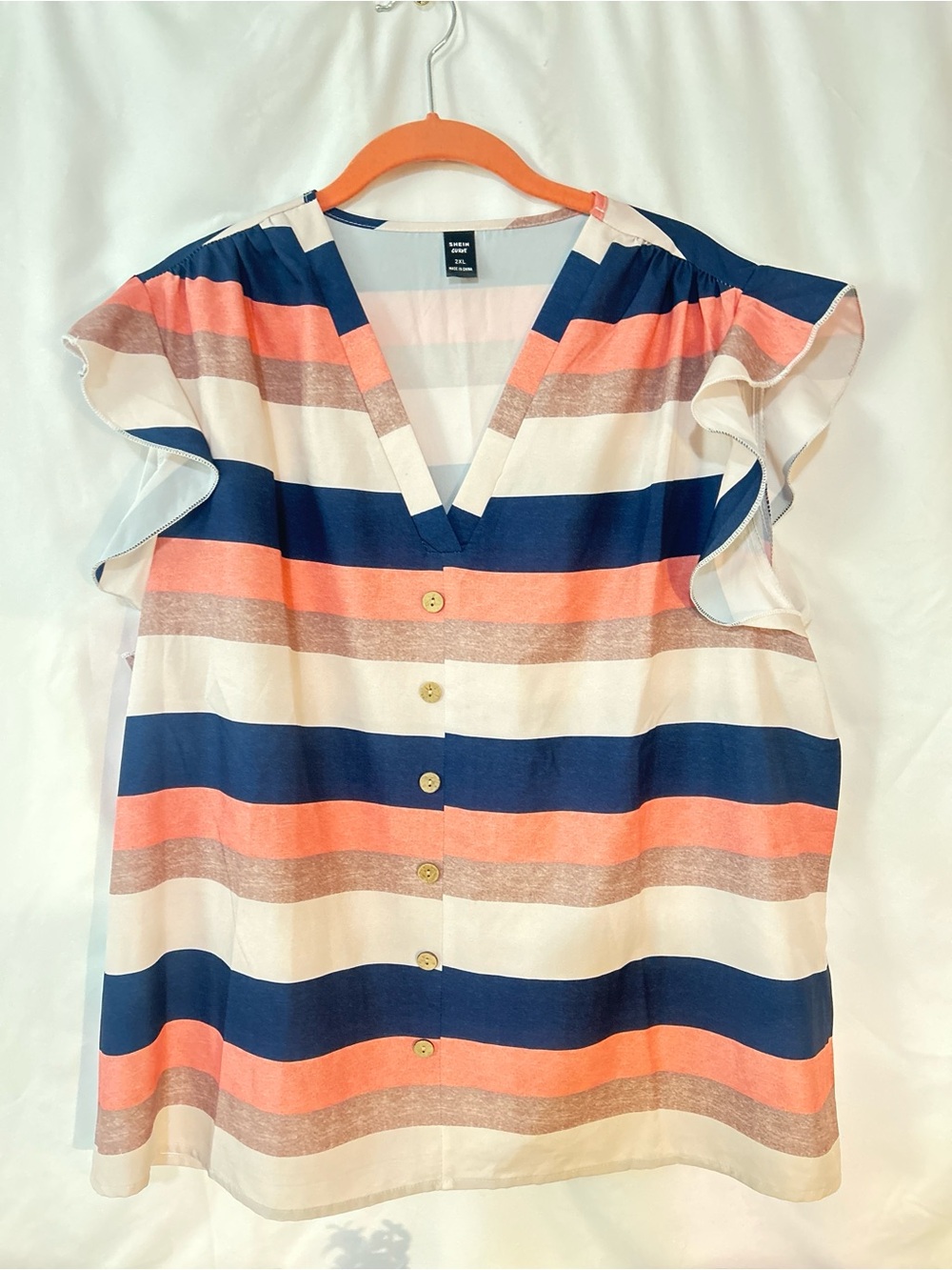 SHEIN Striped Button-Front Flutter Sleeve Top in Navy, Coral, Cream